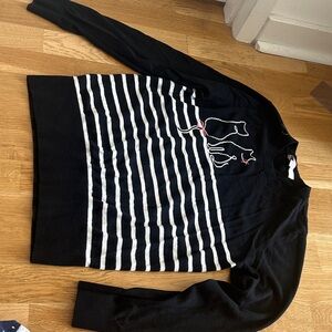 LOFT Black Sweater with White Stripes and Cat Embroidery